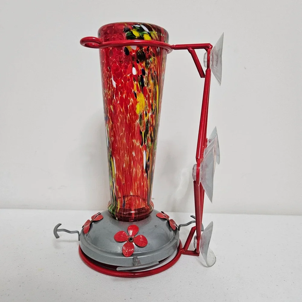 Jola's House Hand Blown Glass Art Hummingbird Feeder Red Window Mount 16 oz‎